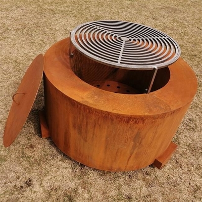 Round Outdoor Corten Steel Wood Burning Fire Table Grill untuk Berkemah Memasak BBQ