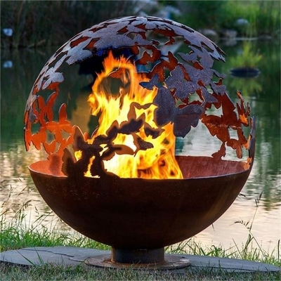 80cm Dia Butterfly Theme Corten Steel Ball Berbentuk Lubang Api Untuk Pemanas Teras